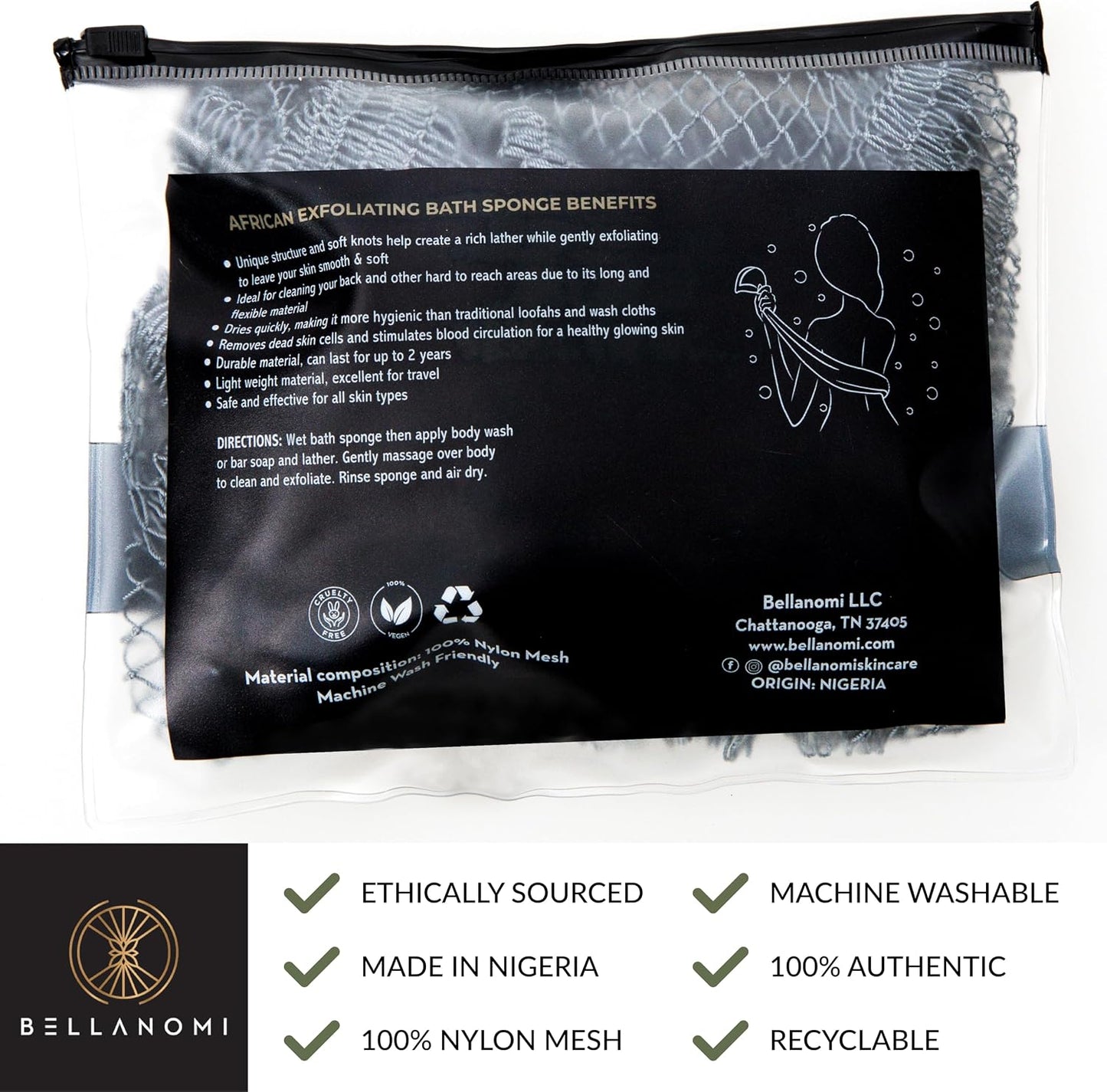 African Exfoliating Net Sponge, Authentic, Ethically Sourced from Nigeria, 45 Inches Long, Back Scrubber for Daily Use (Slate)