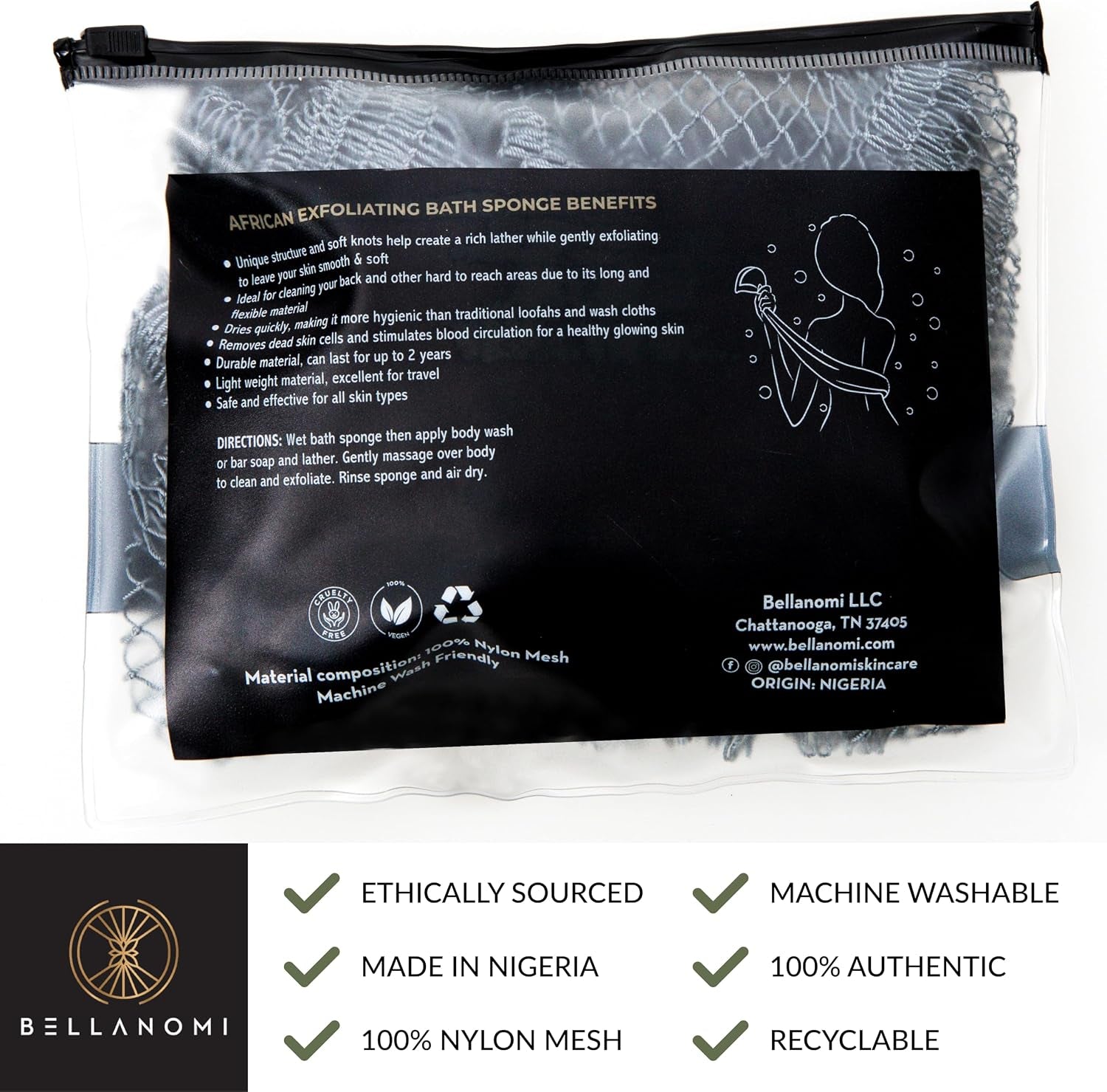 African Exfoliating Net Sponge, Authentic, Ethically Sourced from Nigeria, 45 Inches Long, Back Scrubber for Daily Use (Slate)